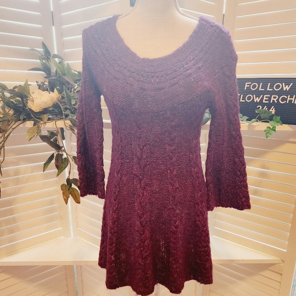 FREE PEOPLE XSMALL PURPLE CABLEKNIT SWEATER DRESS WITH BELL SLEEVES